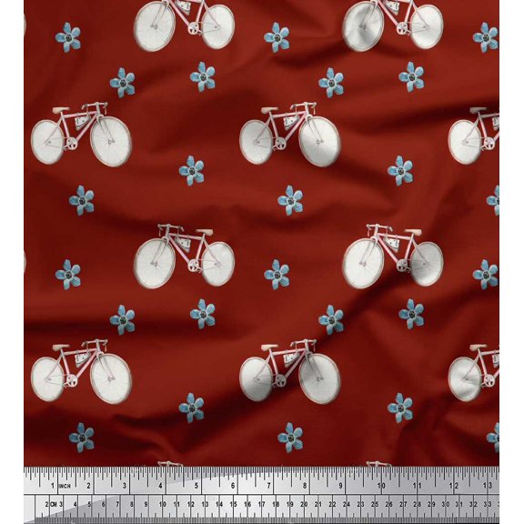 Soimoi Red Cotton Voile Fabric Bicycle & Floral Transport Print Fabric by Yard 42 Inch Wide
