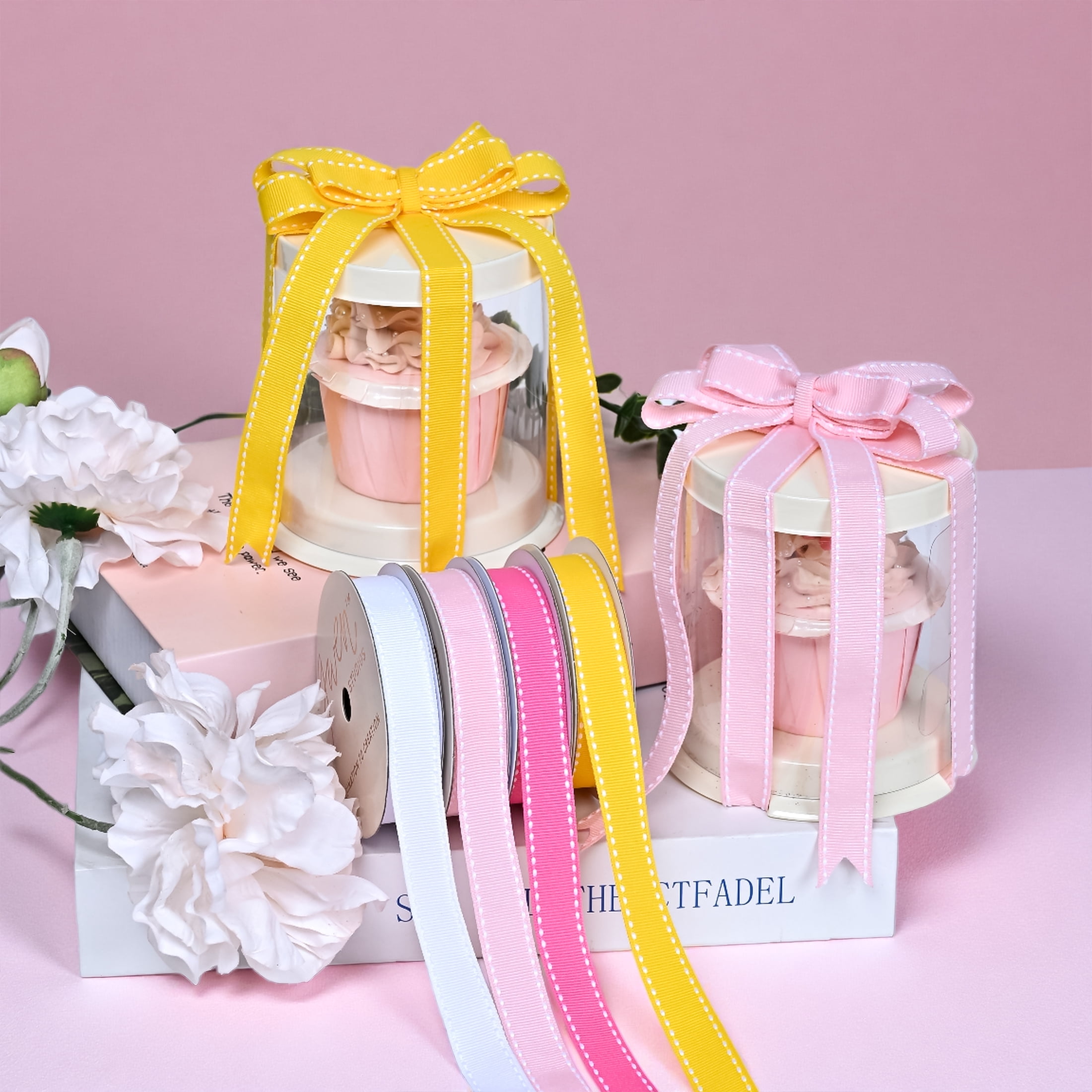 Gwen Studios 5/8" White Saddle Stitch on Black Grosgrain Ribbon, 3 yards