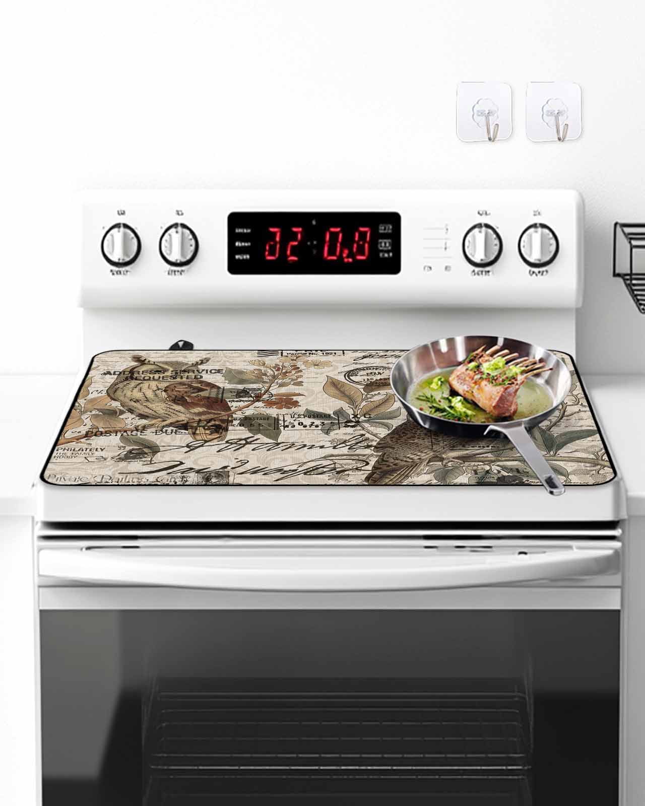 Stove Top Covers for Electric Stove, Country Owl Glass Stovetop Cover Protector, Rustic Sping Floral Botanical Postmark Induction Cooktop Protector Oven Mat for Kitchen Countertop 24"x21"