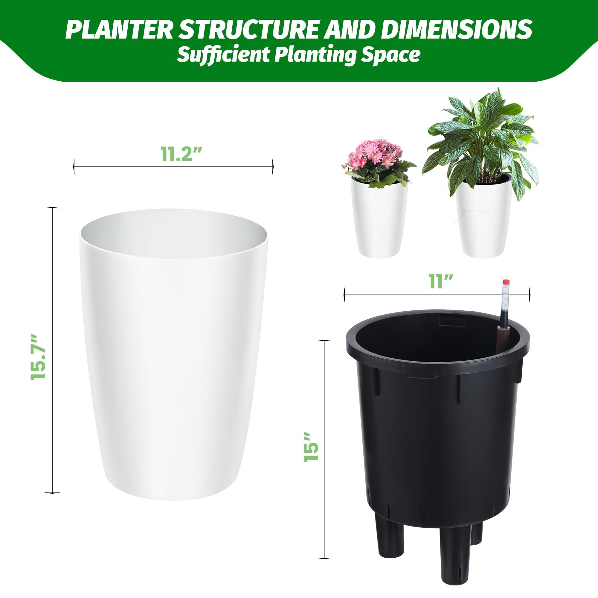Memoryfield 16" Tall Self-Watering Planter Set 2, Large Plastic Flower Pots with Water Level Gauge, Drainage & Built-in Handle for Indoor Outdoor, White