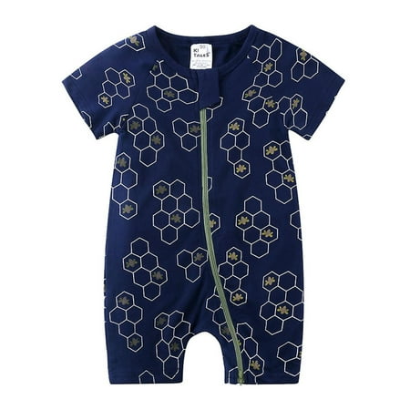 

DRKKJ Baby Boy Girl Short Sleeve Romper Unisex Toddler Cotton Zipper Jumpsuit Outfits --- Blue Hexagon Size 100