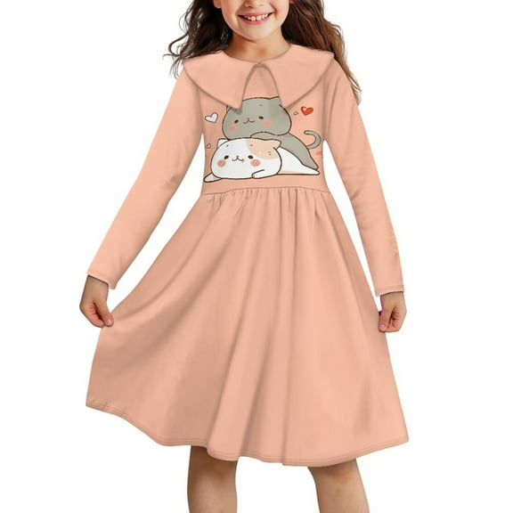 DISNIMO Cat Dress Girls Heart Dress Kids Long Sleeve Skater Dress Girls Collared Dress Fall Kids Dresses Clothes for Girls Age 3-4 Girl Dresses Casual Midi Dress Girls Dress Skater Girl