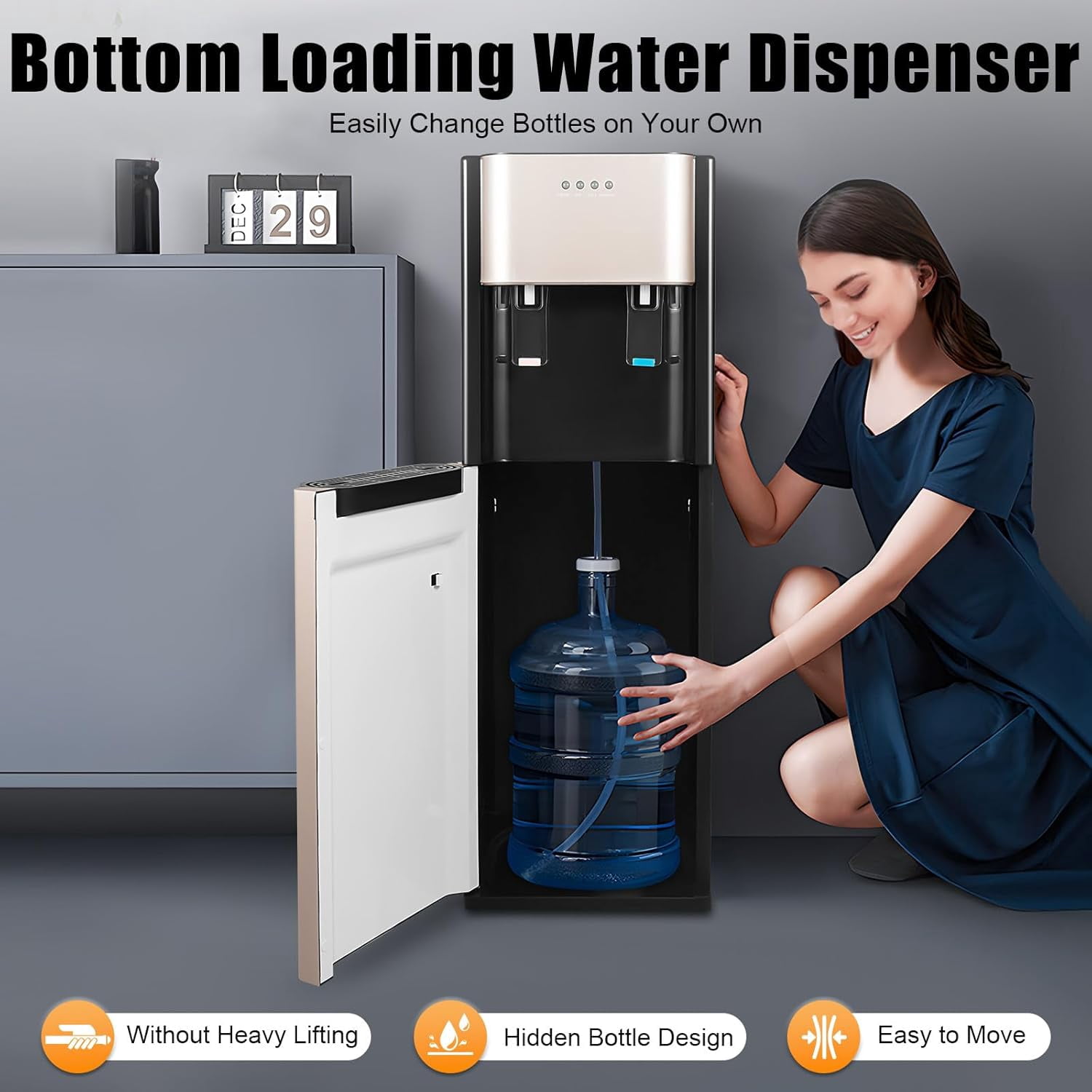Bottom Loading Water Cooler Water Dispenser, Hot & Cold Water Dispenser for 5 Gallon Bottle with Detachable Water Collection Box and Heat-Sink Holes for Offices Nurseries Both Home Etc (Gold)