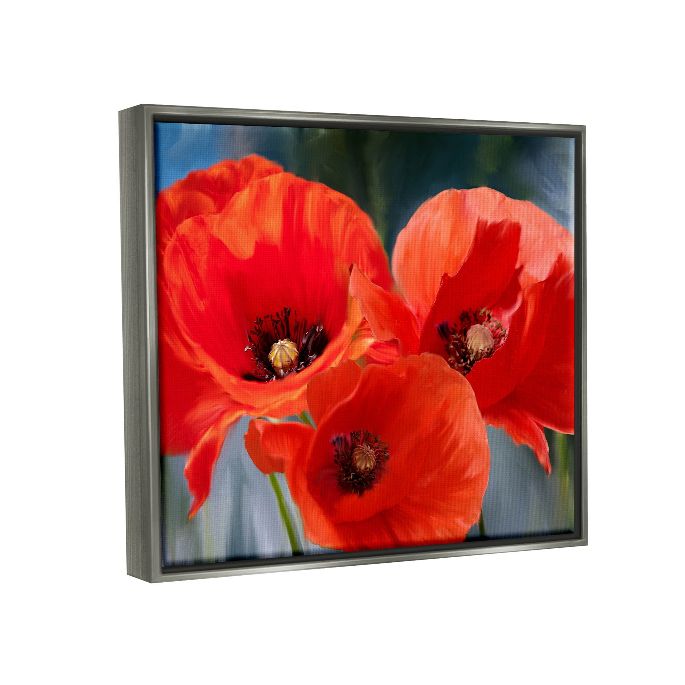Bold Red Poppy Flower Trio Botanical & Floral Painting Luster Gray Framed Art Print Wall Art