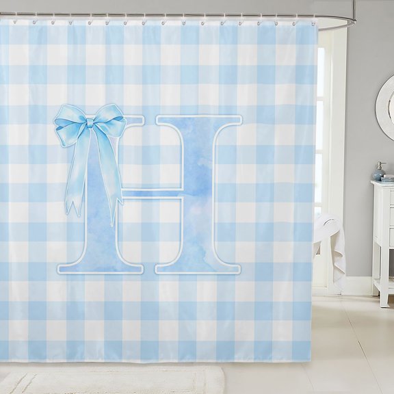 Manfei Ribbon Bowtie Letter Design Shower Curtain 72Wx72L,Blue Abstract Plaid Pattern Bathroom Curtain