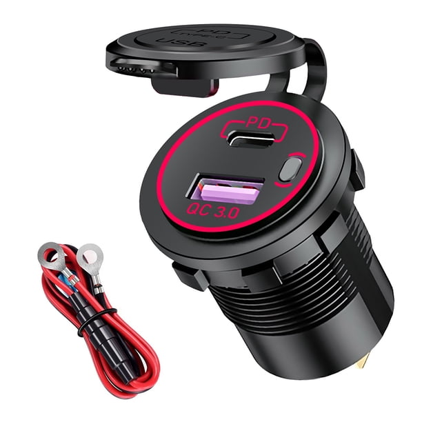 Kenally Adaptador de carga USB para encendedor de 12-24V CC, a prueba de polvo para motocicleta, barco, caravana, coche, protección contra Paneles de instrumentos para automóviles Luz roja Kenally VI017321-03B