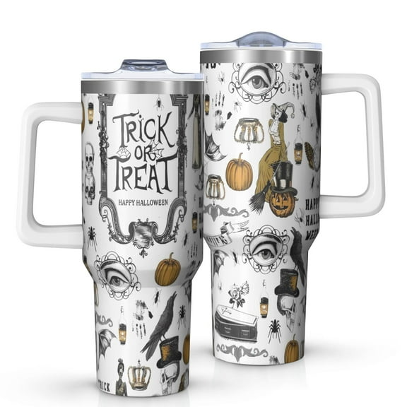Halloween Vintage Trick or Treat Tumbler with Handle and Lid,40oz Double Wall Vacuum Insulated Tumbler,Cups Gift for Women and Men