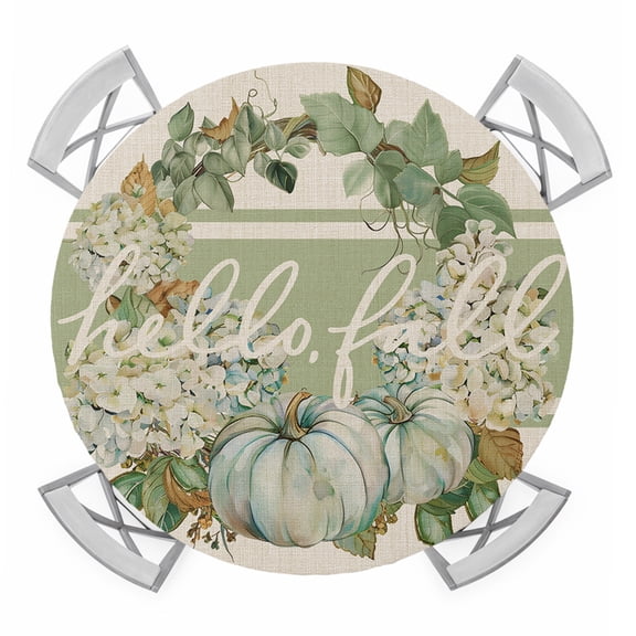 Round Fitted Tablecloth with Elastic Edge, Sage Green Fall Waterproof Table Cloth Table Cover for 55"-60" Tables, Pumpkins Wreath Rustic Thanksgiving Tablecloths for Dining Picnic Party Outdoor