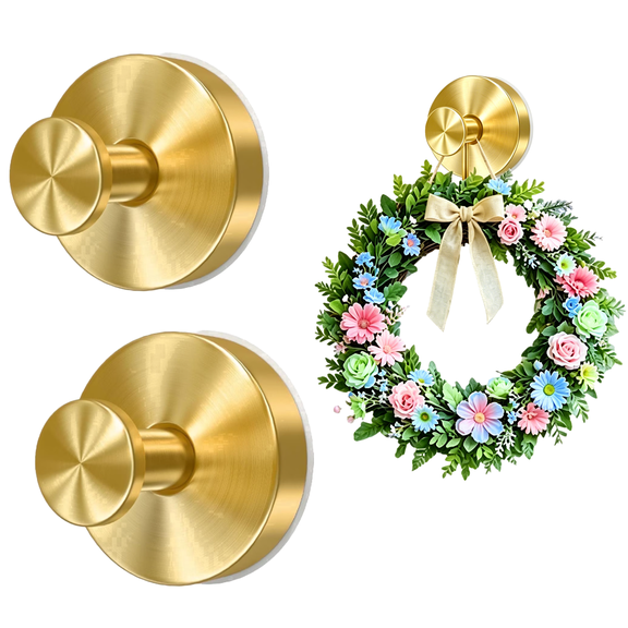 Suction Cup Wreath Hanger for Glass Doors – Heavy Duty 22 lbs Capacity, No-Drill Damage-Free Hook for Christmas Decor, Rustproof Gold Finish (2-Pack)