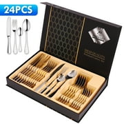 ZLELOUY 24 Piece Stainless Steel Flatware Set Cutlery Silverware Set,Silver Tableware Service for 6,Mirror Finish Set with Gift Box