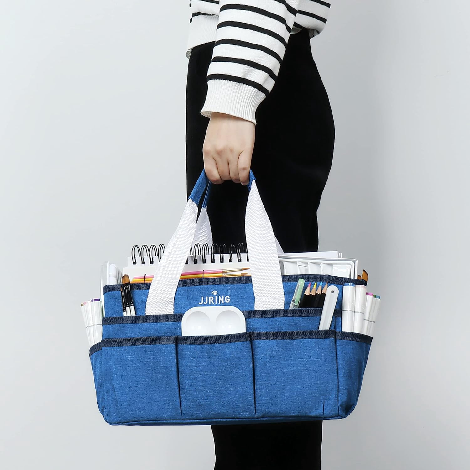 LAVFOX Craft Organizer Tote Bag, Multi-Pocket Art Storage Caddy Bag for Sewing, Scrapbooking, and Drawing, Portable Desktop Utility Organizer for School, Medical, and Office Supplies, Classic Blue