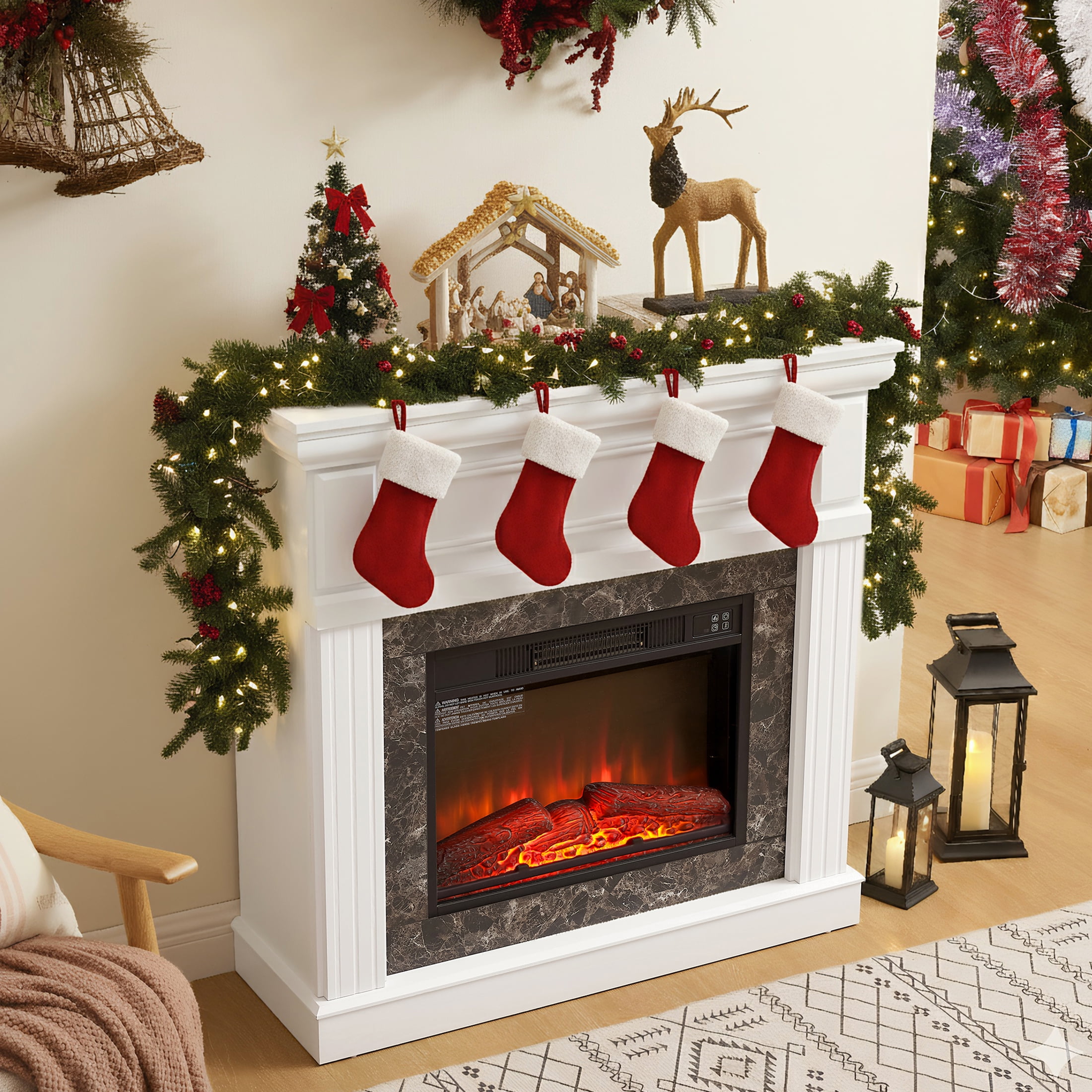 PAPROOS 41” Electric Fireplace with Mantel, Freestanding Electric Fireplace Heater with Remote Control, Adjustable Flame, Timer, Wooden Surround with Fireplace Insert for Living Room, 1400W, White