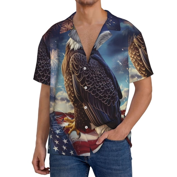 Fotbe Night Sky Bald Eagle Camisa Estampada de Manga Corta para Hombre, Casual de Verano, Estilo Playero, Sin Arrugas-Small