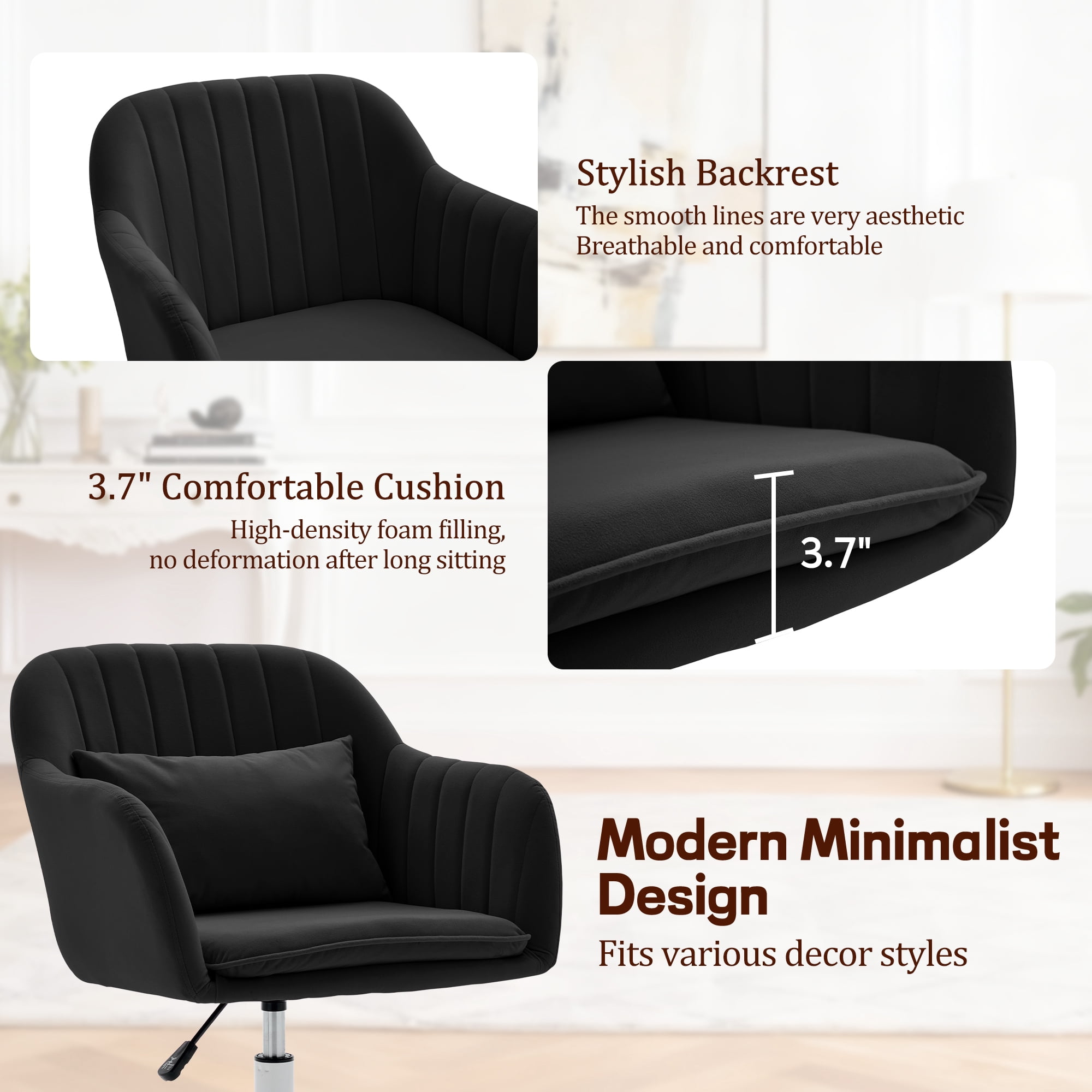 Korser Adjustable High Vanity Chair with Pillow Velvet Swivel Desk Chair with Wheels,Space-Saving Makeup Computer Chair,Home Office Desk Chair,Black