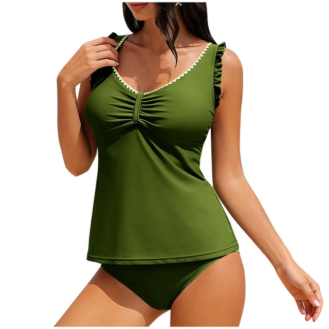 Women's Tankini Swimsuits Solid Color Two Piece with Detachable Soft Cups & Adjustable Drawstring, Comfort Swimwear
