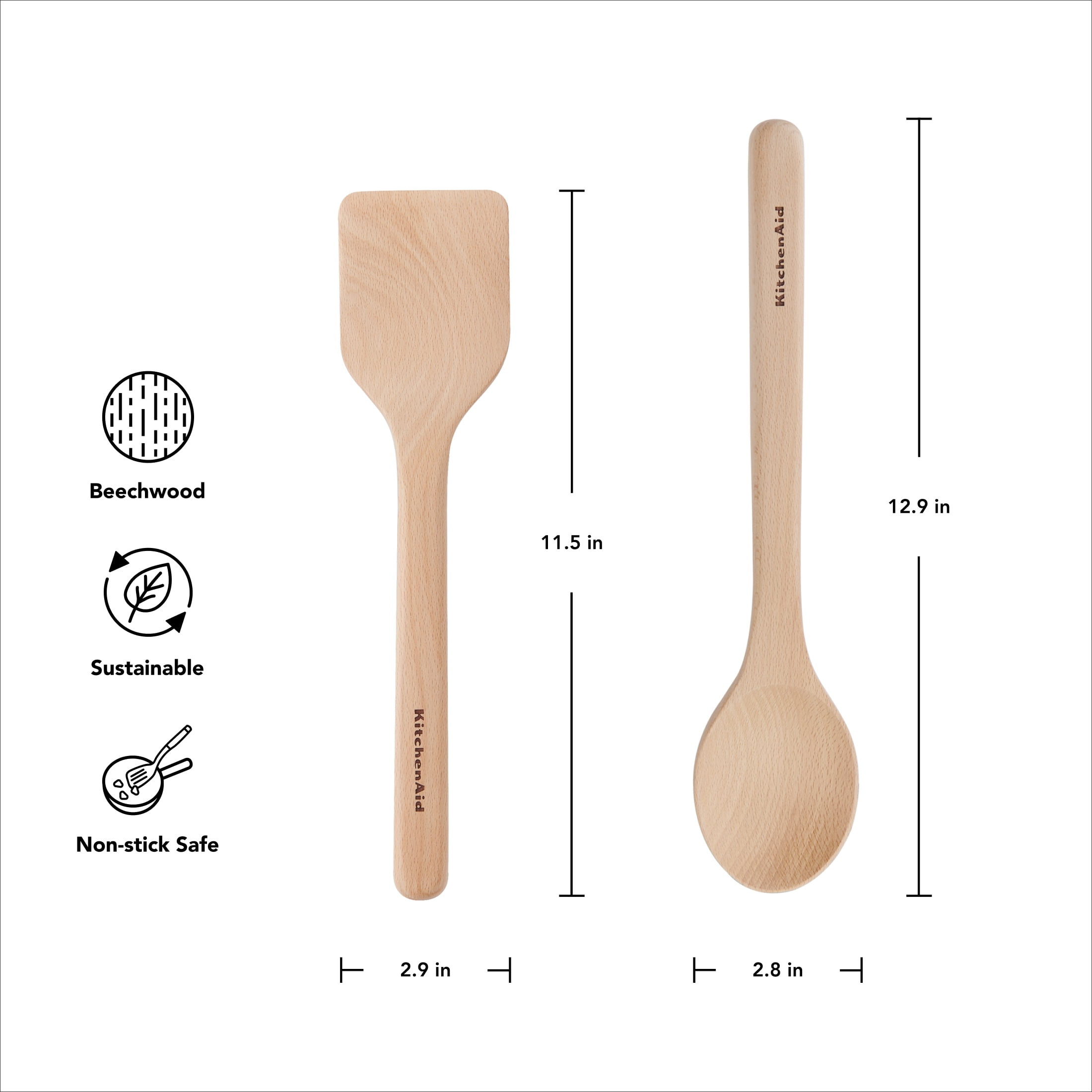 KitchenAid 2-Piece Wooden Kitchen Cooking Utensils Set, Beech Wood