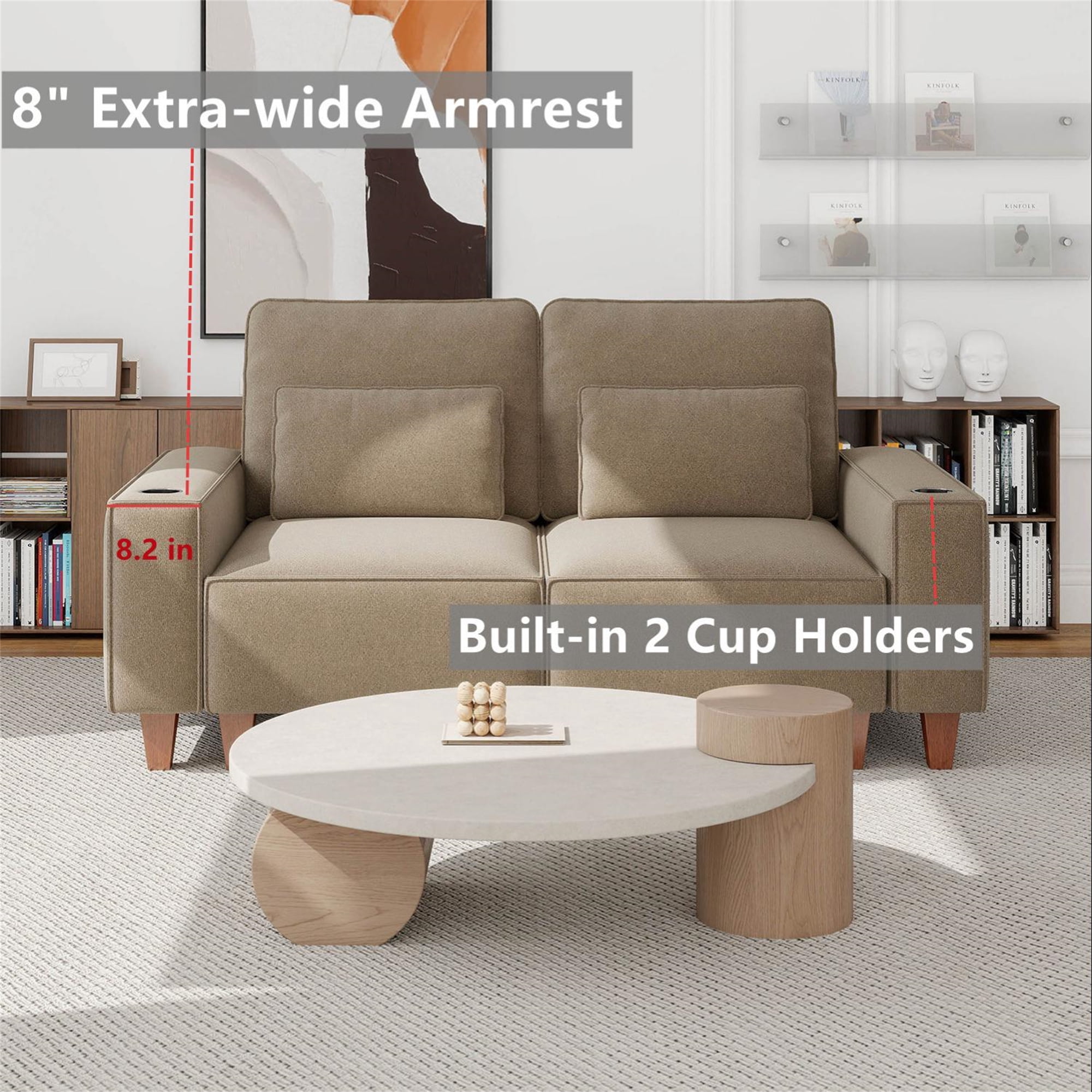 Aukfa 3 Piece Sofa Set - 71" Deep Seat Couch Loveseat Couch with Cup Holders&Pillows, Chenille, Khaki