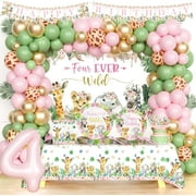 Four Ever Wild Birthday Decorations Girl, Safari 4th Birthday Decoration, Jungle Animal 4 Year Old Wild Birthday Supplies Backdrop Balloon Banner Tablecloth Cake Topper Plates Napkins Forks