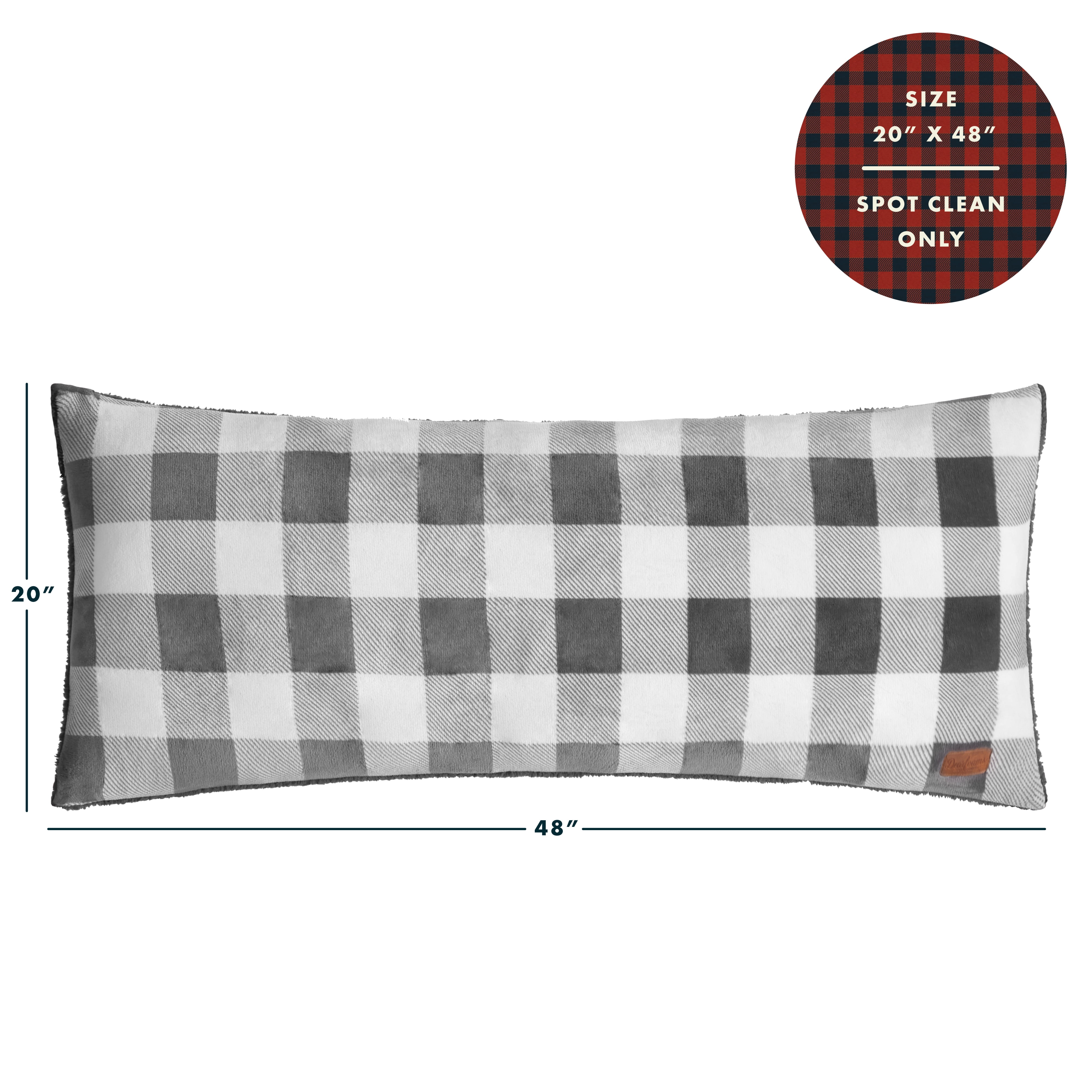 Dearfoams Royal Plush Reverse to Super Soft Sherpa Body Pillow, 20" x 48", Grey White Check, Polyester Fill