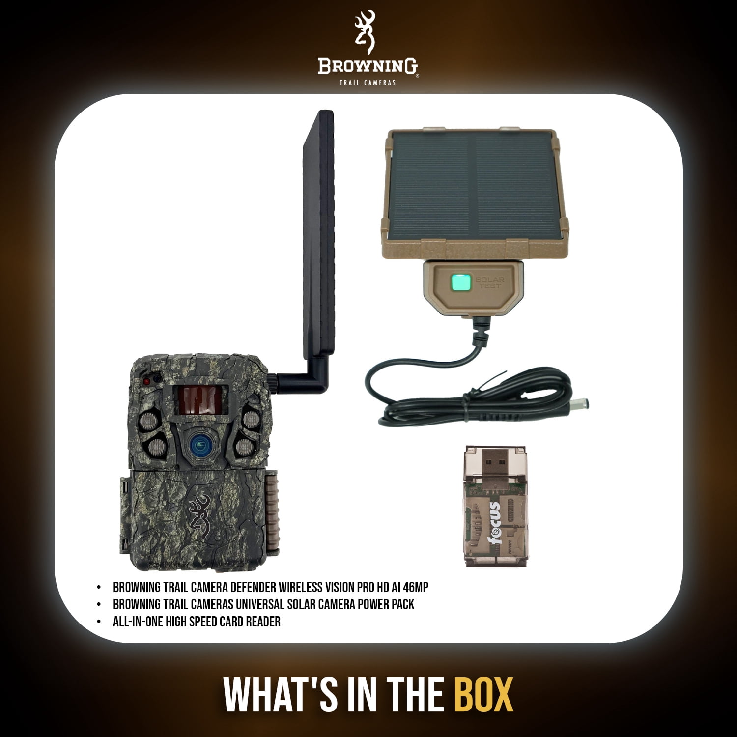 Browning Trail Camera Defender Wireless Vision Pro HD AI 46MP Trail Camera Bundle with Solar Camera Power Pack and Card Reader (3 Items)