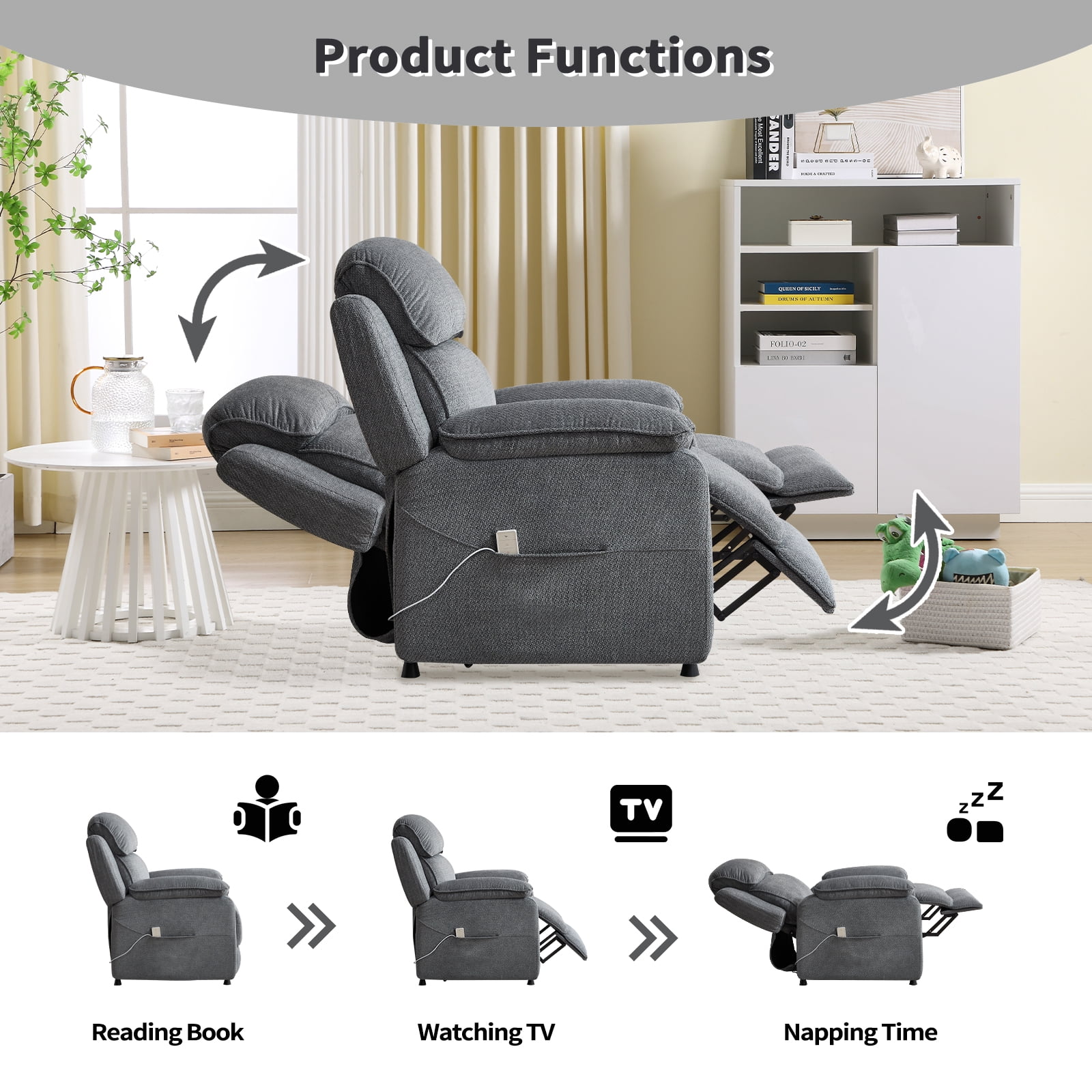 Bonzy Home Power Recliner Chair — Electric Recliner with Remote Control & Side Pockets, Compact Home Theater Seating for Small Spaces