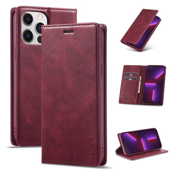 Allytech Case for Apple iPhone 13 Pro 6.1 inch,Shockproof Luxury Premium PU Leather Magnetic Closure Folio Flip Stand RFID Blocking ID Credit Card Holder Slots Phone Case Cover,Red