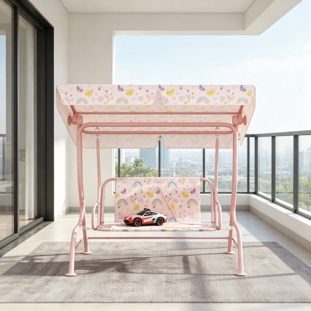 Pink Kids Swing Chair with Adjustable Canopy - Heavy-Duty Steel Frame, 132lbs Capacity for 3-6 Years Old