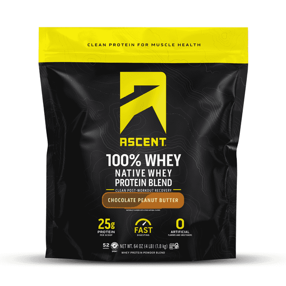 Ascent 100% Whey Protein Powder - Post Workout Whey Protein Isolate, Zero Artificial Flavors & Sweeteners, Gluten Free, 5.5g BCAA, 2.6g Leucine, Essential Amino Acids, Chocolate Peanut Butter 4 lb