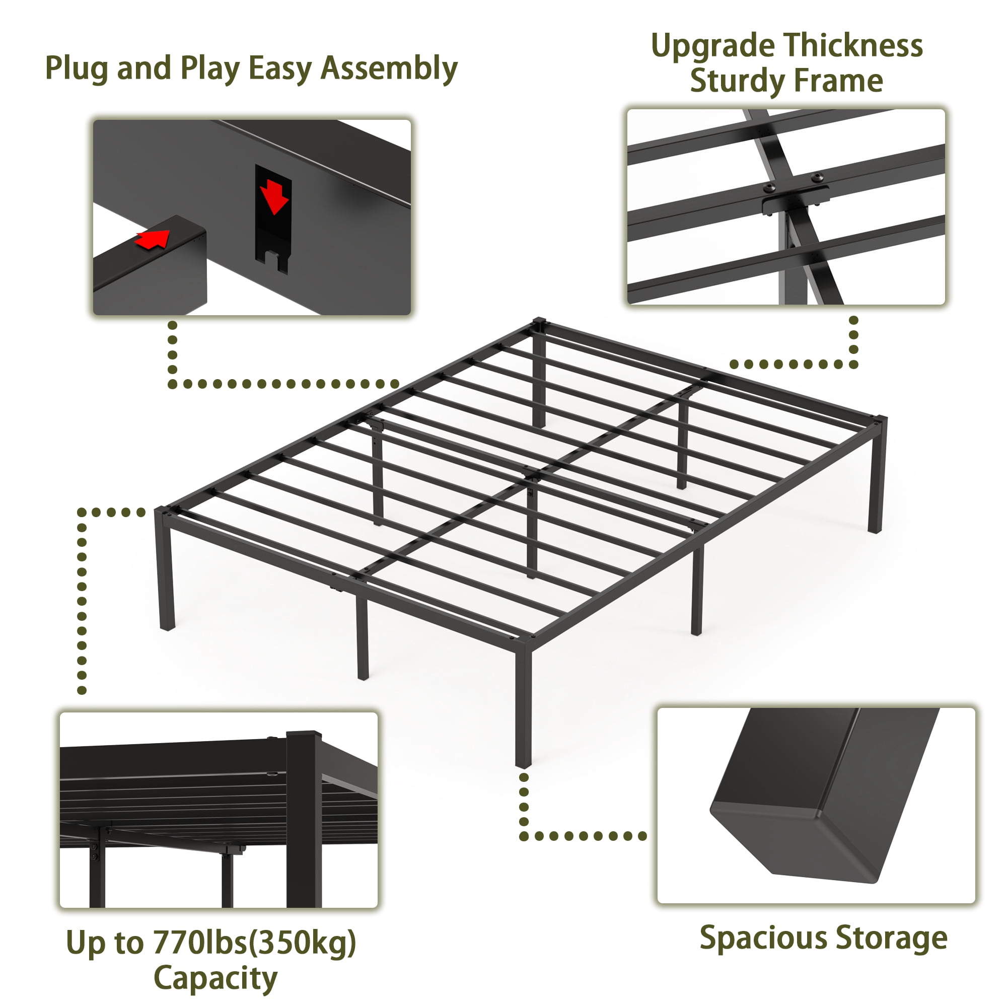Yoneston Heavy Duty Queen Size 18" Metal Platform Bed Frame with Under-Bed Storage No Box Spring Required, Black