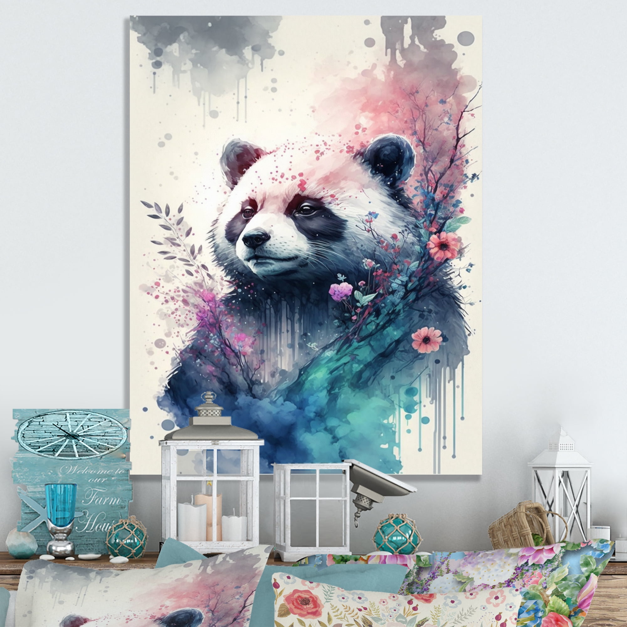 Designart Cute Panda Floral Art Canvas Wall Art