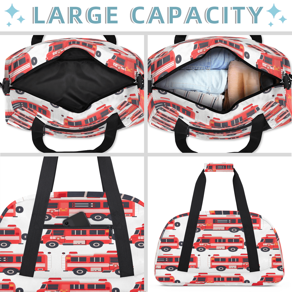 Herdesigns Fire Trucks Sports Duffle Bag for Women & Men, Car Gym Bag Dance Bag Overnight Bag Carry On Weekender Travel Bag