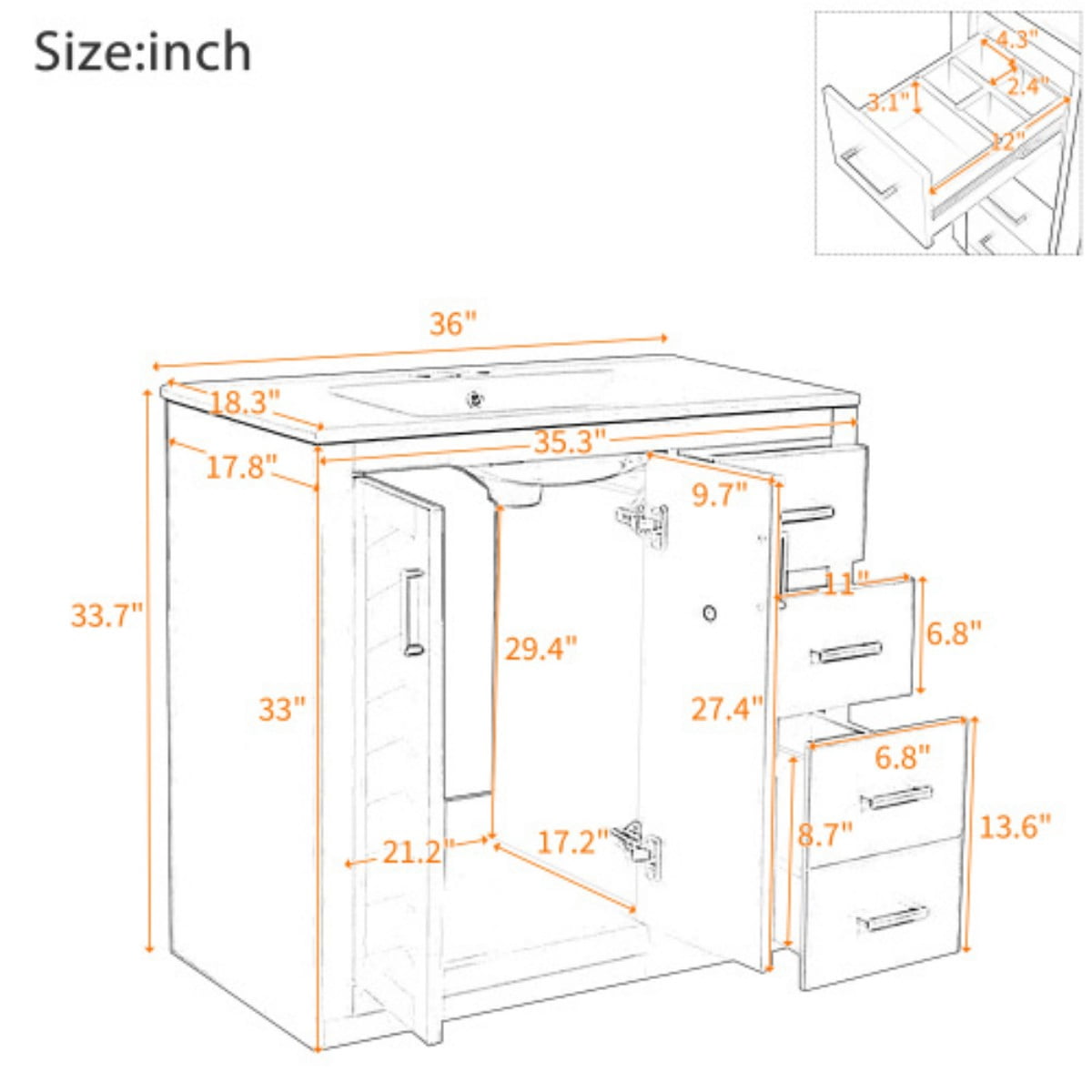 36" Bathroom Vanity with Ceramic Sink Combo, Freestanding Bathroom Vanity with 3 Drawers, 2 Doors, Solid Wood Frame, White