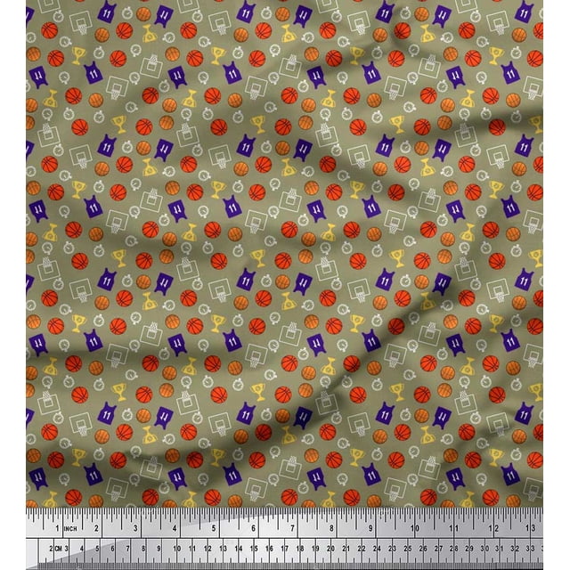 Soimoi Rayon Fabric Trophy,Timer Clock & Basketball Sports Print Sewing Fabric Yard 56 Inch Wide