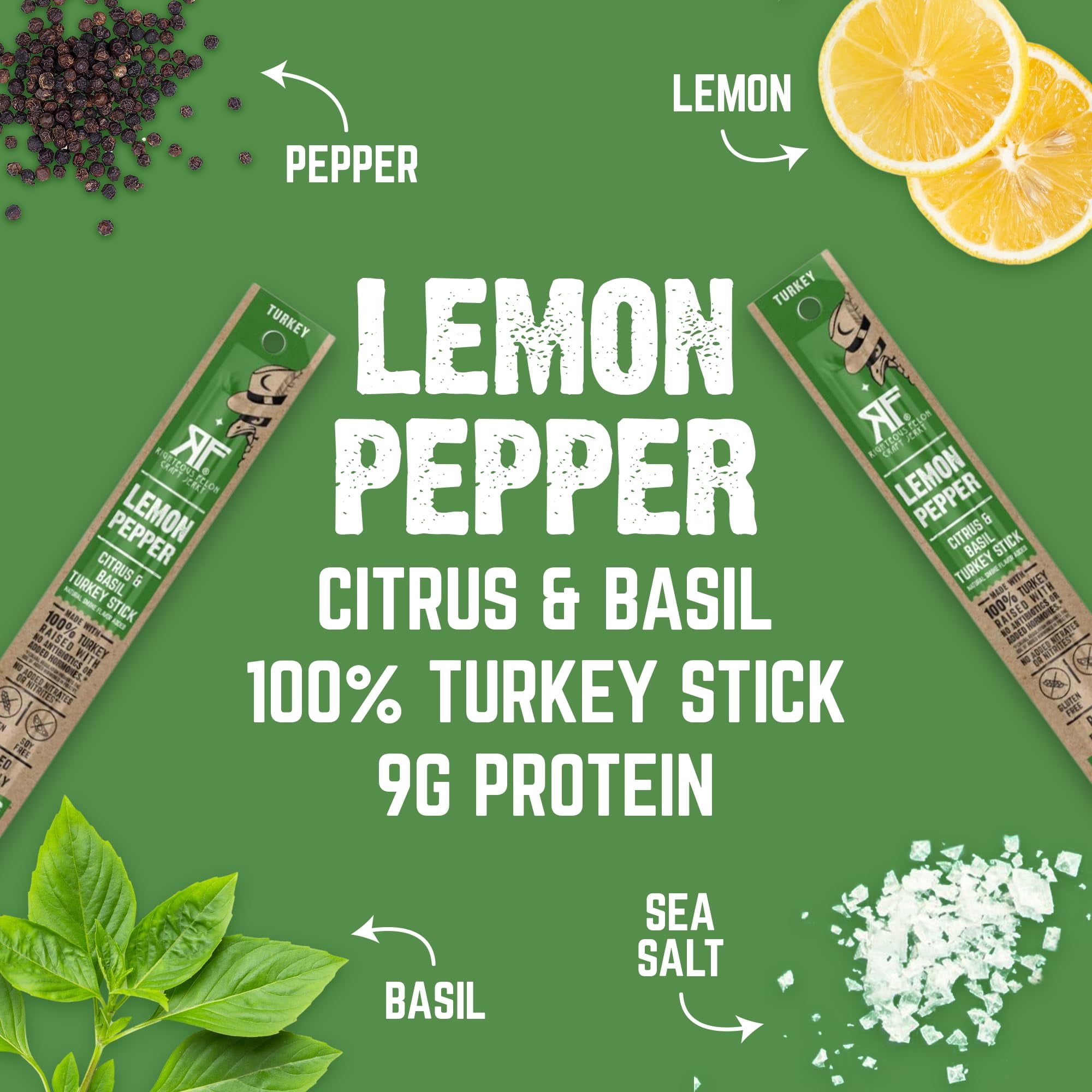 Righteous Felon Meat Sticks - Gluten Free & Keto Turkey Sticks, Protein Snack, Lemon Pepper, 10 pack