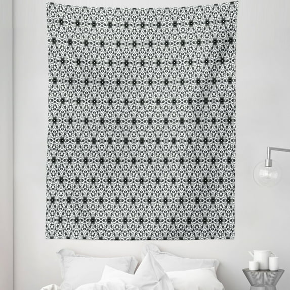 Grey and White Tapestry, Boho Style Greyscale Flower Motifs with Eastern Art Inspiration, Fabric Wall Hanging Decor for Bedroom Living Room Dorm, 5 Sizes, Charcoal Grey and White, by Ambesonne