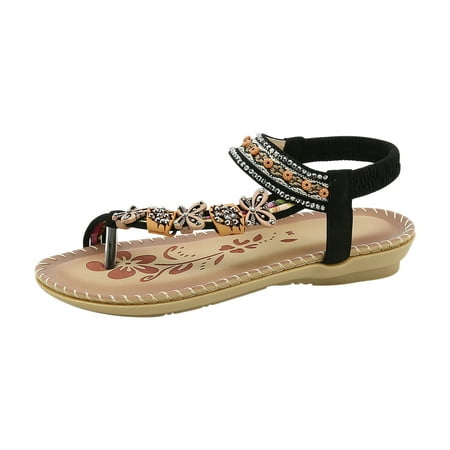 

Ichuanyi Sandals for Women Clearance Bohemian Flat Flower Rhinestone Sandals Outer Beach Sandals