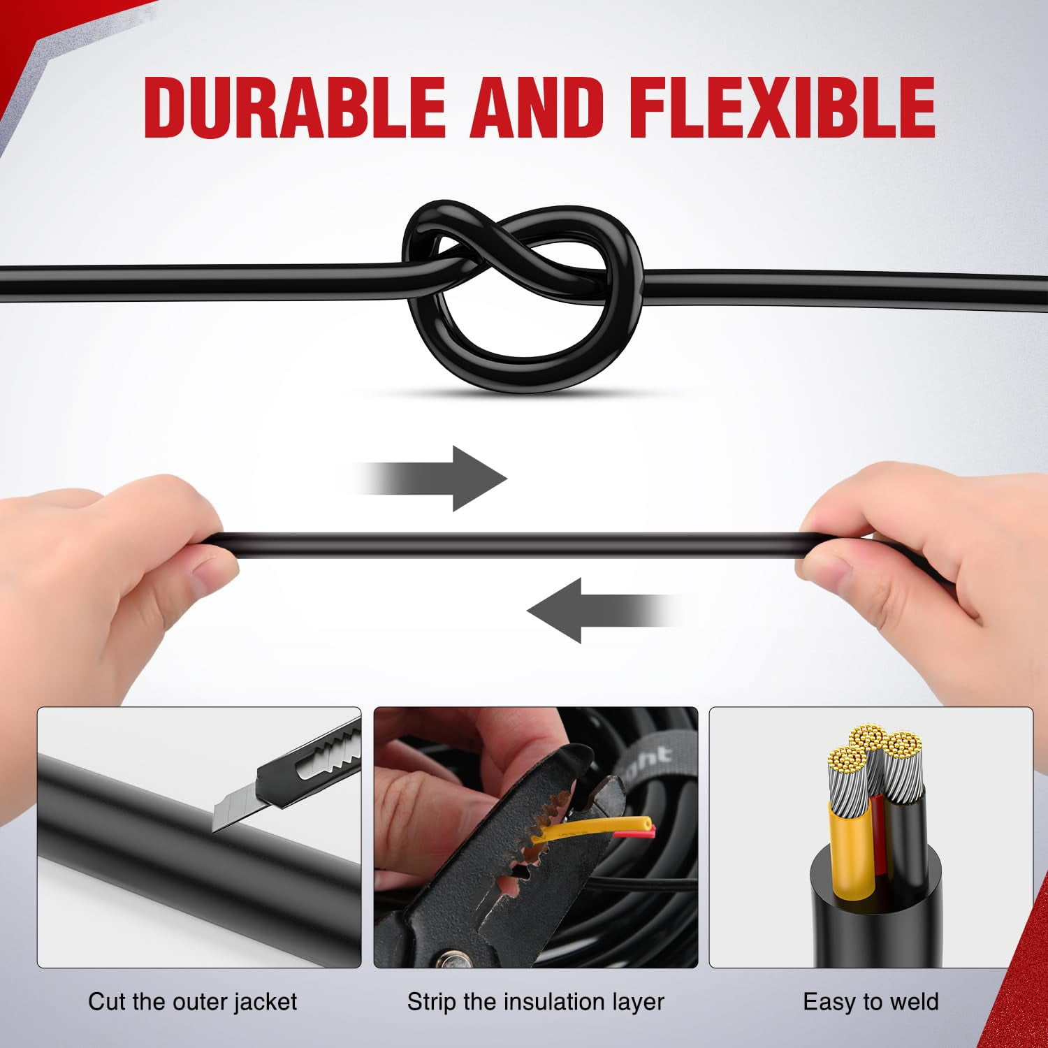 Nilight 30FT 14 Gauge 3 Conductor Electrical Wire Tinned Oxygen Free Copper Red Black Yellow 3 Wires Parallel 600V DC Flexible PVC Case Extension Cords for LED Strips Lamps Lighting