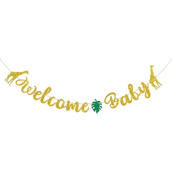 Safari Welcome Baby Banner, Jungle Animals Giraffe Sign Bunting Banner for Baby 1st Birthday/Baby Shower/Gender Reveal/Welcome Baby Party Decoration, Wild Theme Birthday Party Supplies