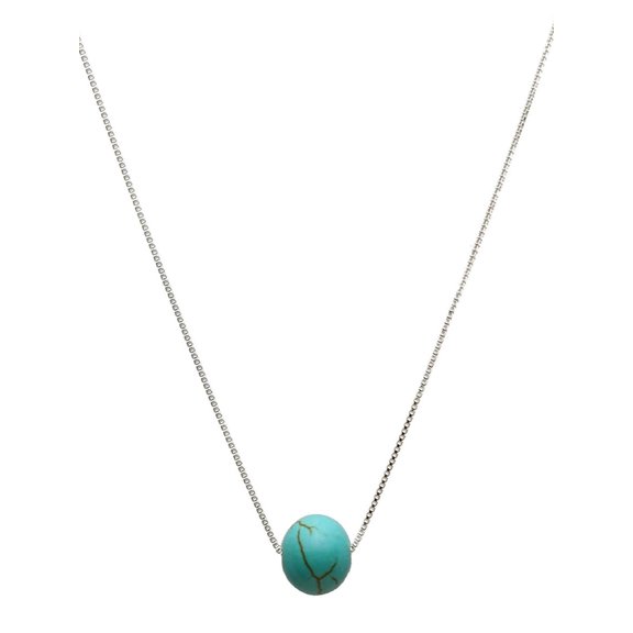 Round 11mm Simulated Turquoise Stone Station Sterling Silver Box Chain Necklace Adjustable 20"