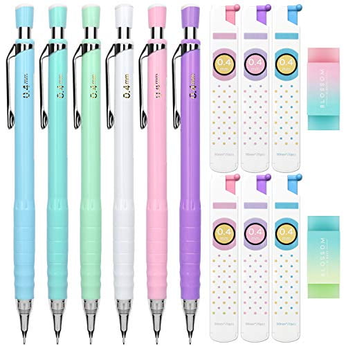EXCELFU 6 Pieces 0.4 mm Mechanical Pencils with 6 Tubes Lead Refills and 2 Pieces Erasers for Writing, Drawing, Signature, 6 Colors