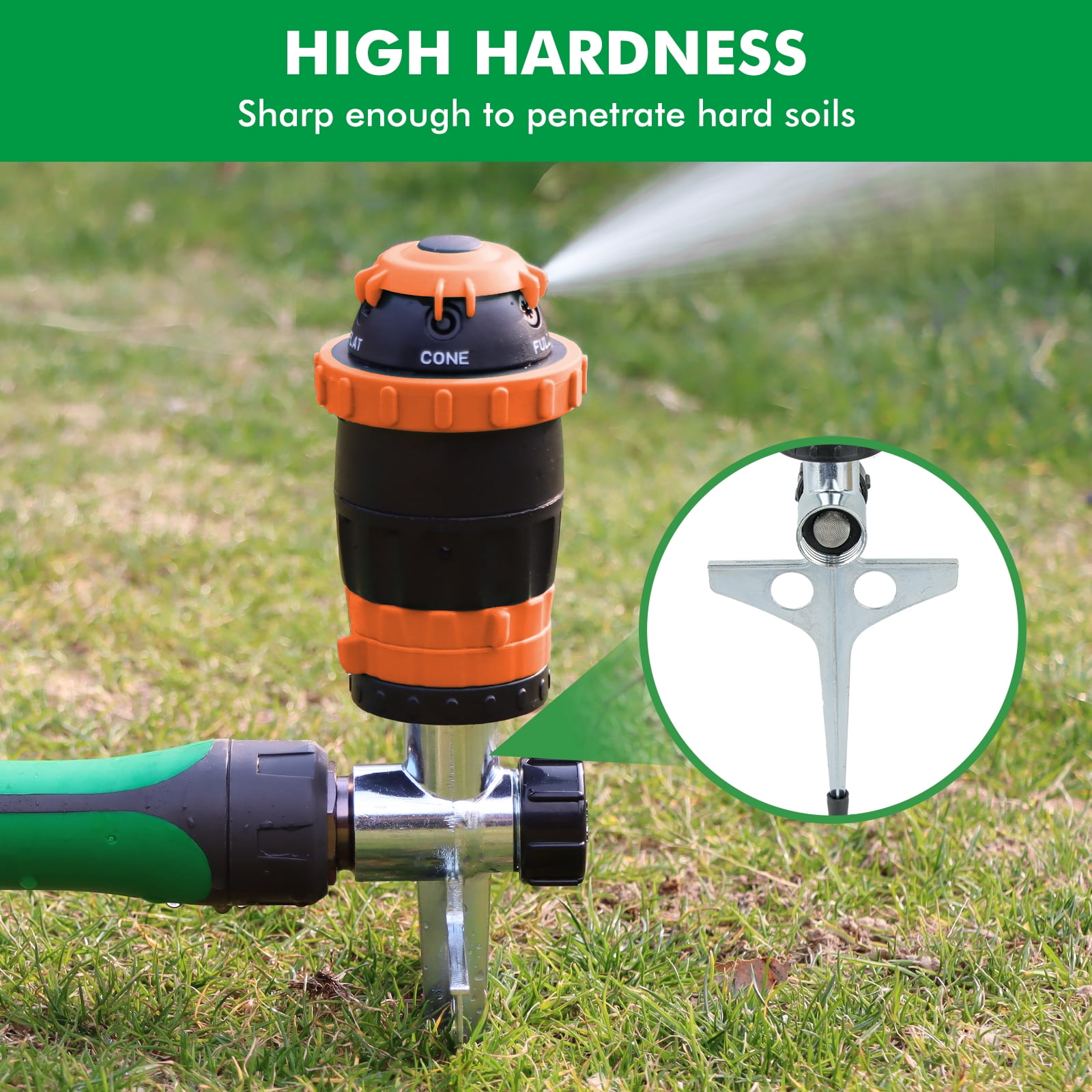 Restmo Gear Drive Sprinkler with Metal Spike Base, 5-Pattern Heavy Duty Gardening Watering System, Multi-Adjustable Lawn Sprinkle for Garden Plant, Flower Bed and Large Yard Area Watering, Orange
