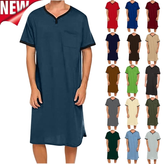 Tqyyweavej Mens Nightgown Short Sleeve V Neck Loose Lounge Sleep Shirts Solid Color Casual Long Pajamas Nightshirts for Men with Pocket