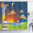 thumbnail image 1 of Adventure Shower Curtain, Colorful Cartoon Pattern of a Boy Standing Looking to the Sky from a Telescope, Fabric Bathroom Set with Hooks, 69W X 75L Inches Long, Multicolor, by Ambesonne, 1 of 3