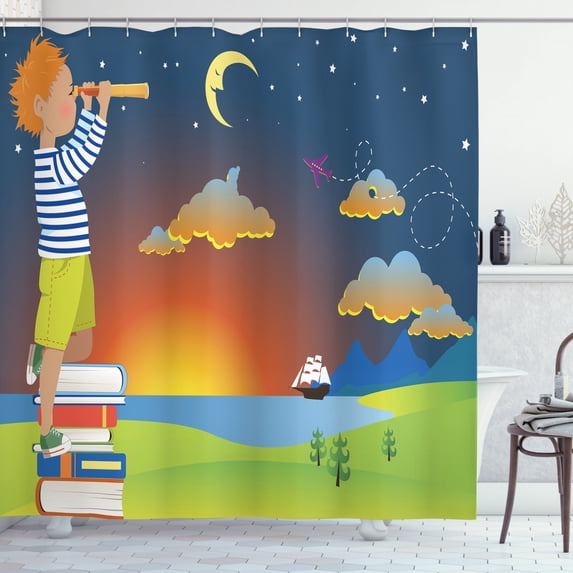 Adventure Shower Curtain, Colorful Cartoon Pattern of a Boy Standing Looking to the Sky from a Telescope, Fabric Bathroom Set with Hooks, 69W X 75L Inches Long, Multicolor, by Ambesonne