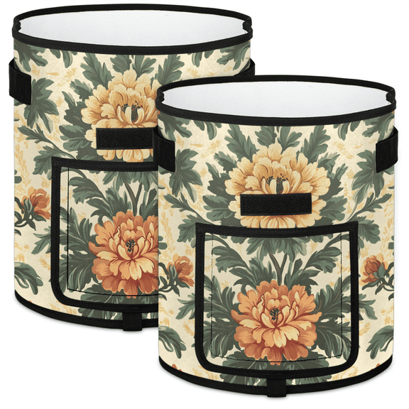Vintage Floral Grow Bags with Flap 10 Gallon 2-Pack, Planter Pot with Handles and View Window, Heavy-Duty Breathable Non-Woven Fabric, for Balcony, Patio, Garden