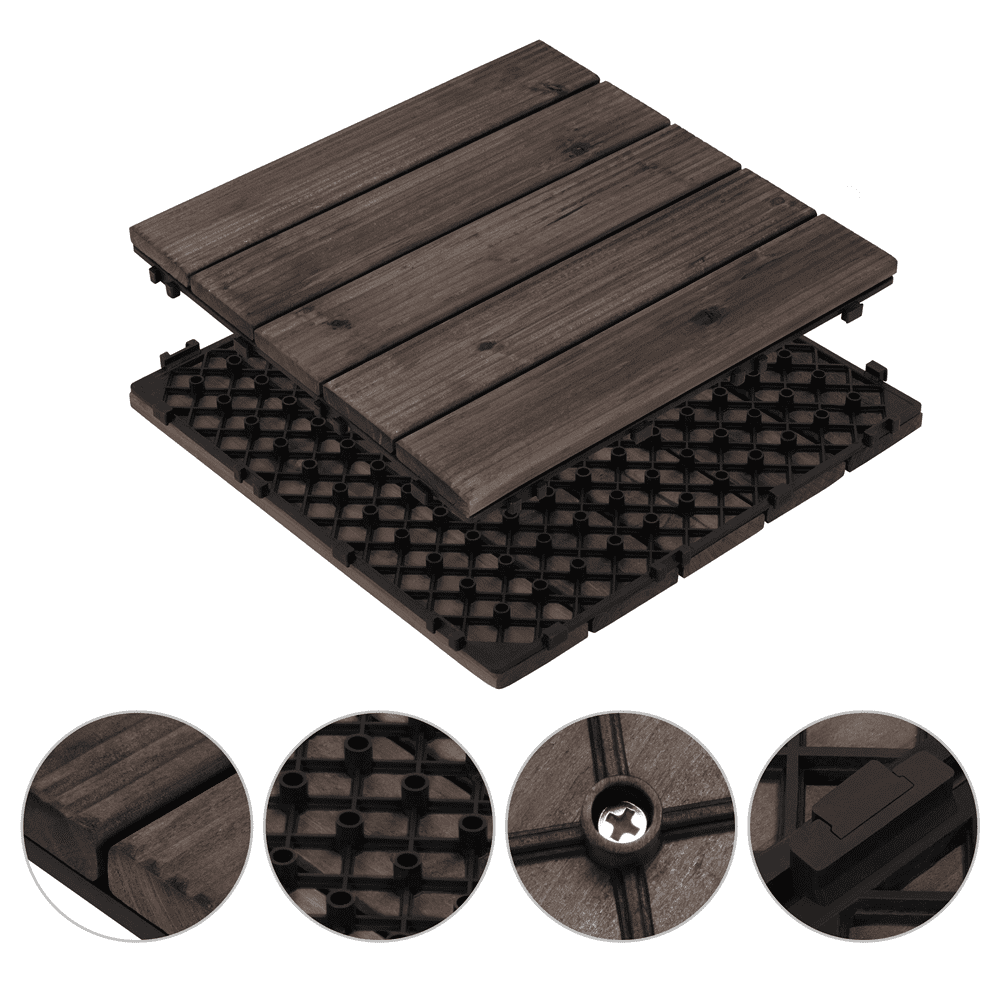 Smile Mart 12" x 12" Interlocking Wood Flooring Tiles for Indoor & Outdoor, 11pcs, Black