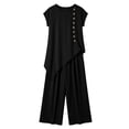 thumbnail image 4 of LEAVINGSUO Two Piece Sets for Women Plus Size Ladies' Casual And Fashionable Solid Color Short Sleeved Button Top And Pants Set Black L, 4 of 6