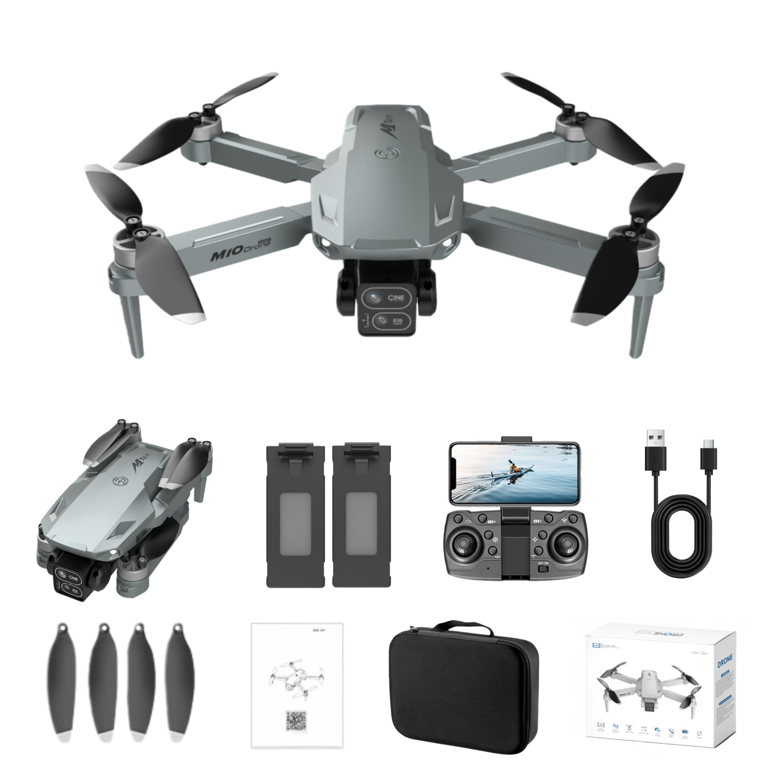 Foldable Dual-Camera Drone with Brushless Motor, Optical Flow Positioning, 4K HD FPV, Long Flight Time with 2 Batteries, Remote Control – Gunmetal Gray.