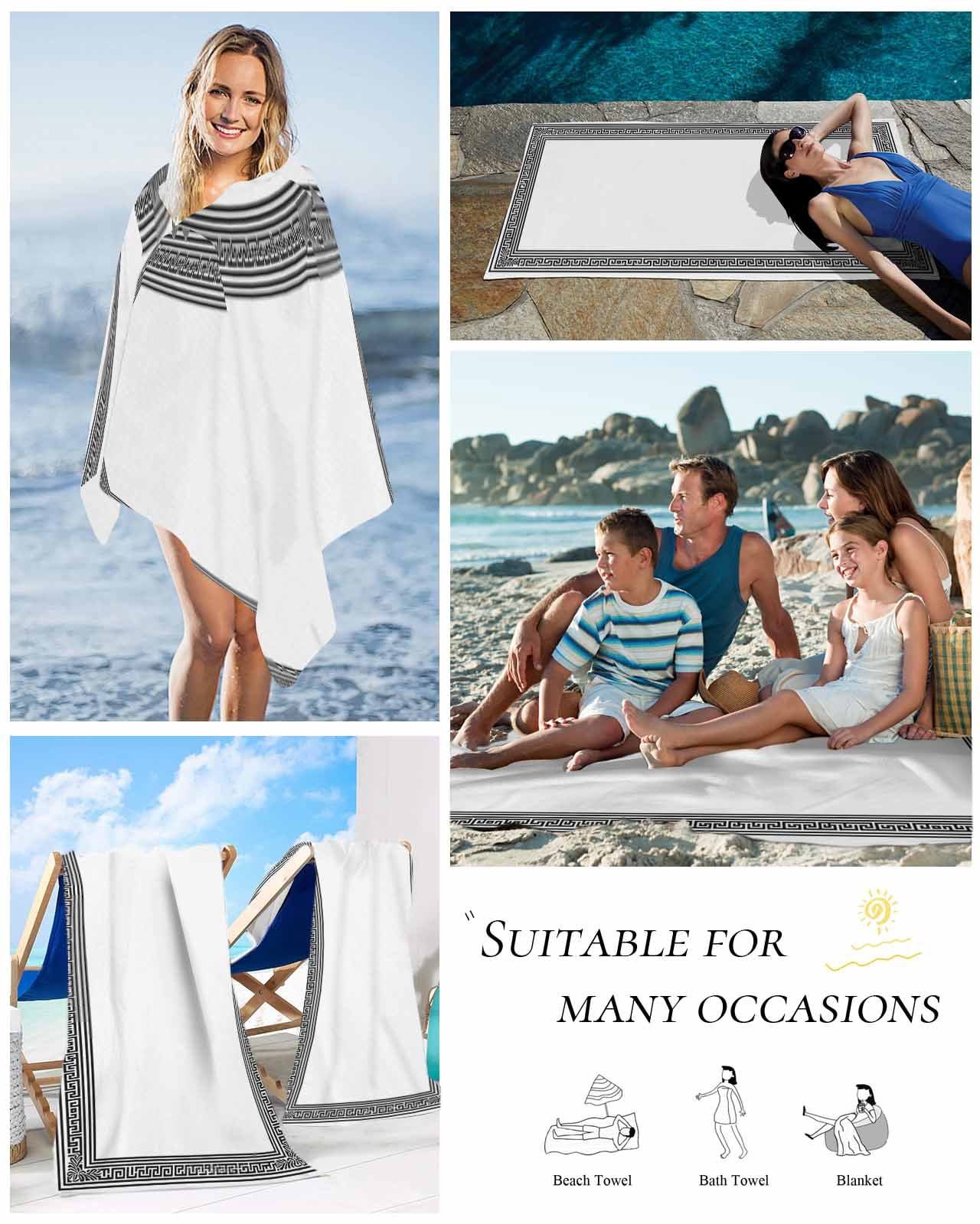 White Greek Key Beach Towels Oversized Super Absorbent, Geometric Greece Ancient Farmhouse Geo Lightweight Bath Towel Quick Dry Sets For Bathroom/Pool/Rv Camping/Beach Play/Gym Room/Picnic 23"x47"