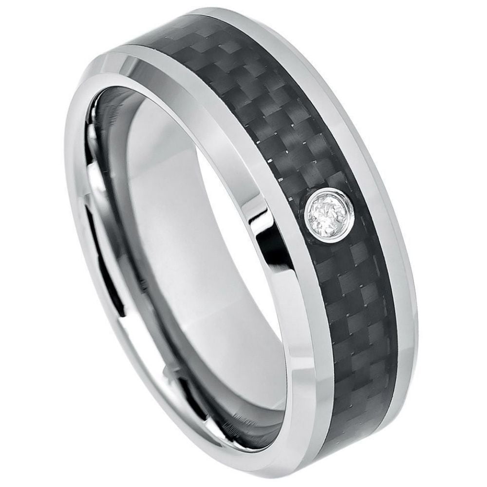 8mm Titanium Black Carbon Fiber Inlay With Shiny Beveled Edge Wedding Band Ring 